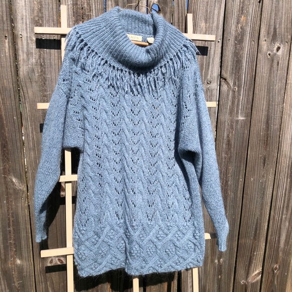 Chaus Oversized Blue Mohair Sweater Cable Knit Tassel Collar XL - Picture 1 of 10